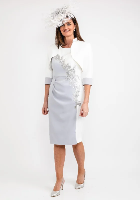 Year-End Clearance John Charles Colour Block Dress & Bolero Set, Silver & White