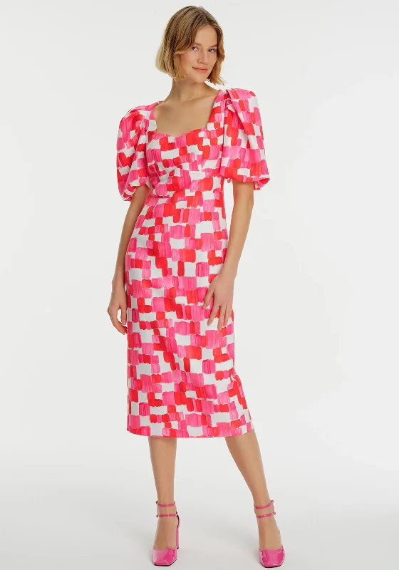 Deep Discounts Exquise Puff Sleeve Square Neck Midi Dress, Pink