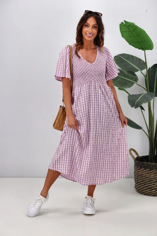 Today's Special Shine On Label Sumaya Angle Shirred Midi Dress Lilac Check