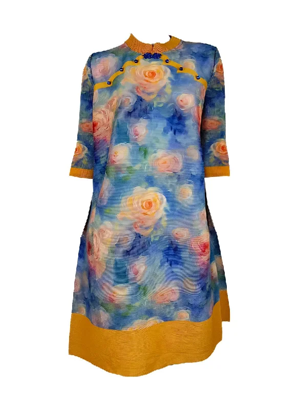 New Markdowns D240045 Floral Printed Long Sleeve Pleats Dress