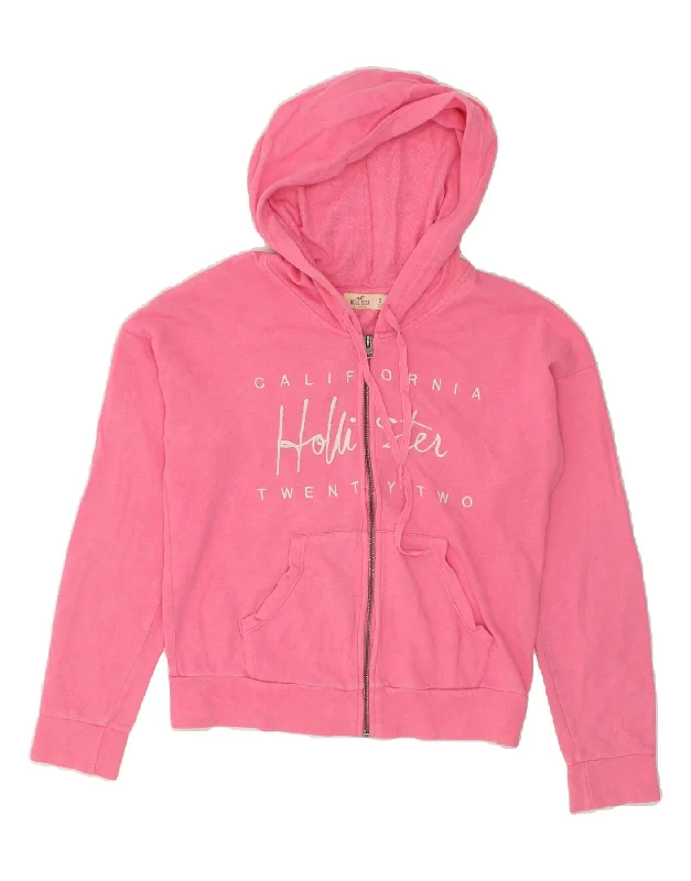 Limited Stock HOLLISTER Womens Graphic Zip Hoodie Sweater UK 10 Small Pink Cotton