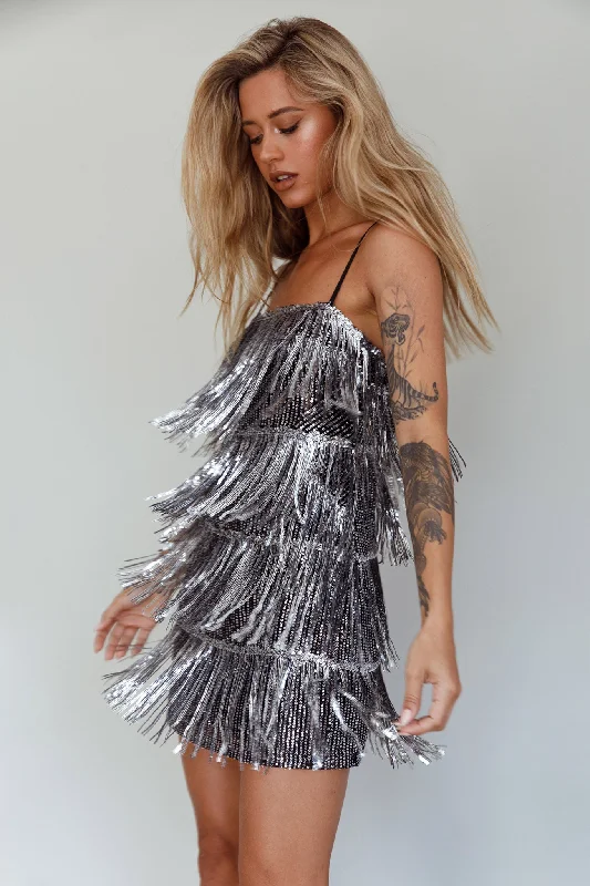 Amazing Deals New York Nights Sequin Fringe Mini Dress Black