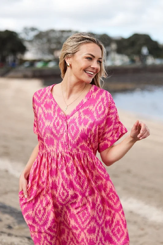 Blowout Sale Gloss by Shine On Joy Buttoned Midi Dress Pink Orange Abstract Print