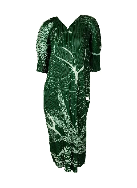Amazing Deals N240011 V-Neck Printed Short-Sleeve Pleats Dress *Green