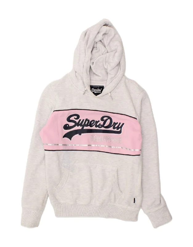 Hurry In SUPERDRY Womens Graphic Hoodie Jumper UK 10 Small  White Colourblock