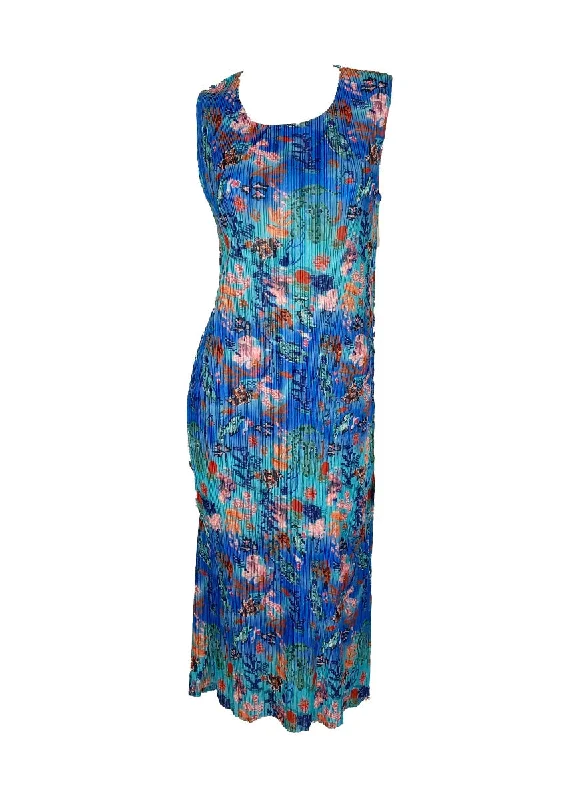 Must-Have Deals N240010 Floral Printed Sleeveless Pleats Dress *Blue