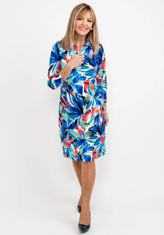 Great Deals Leon Collection Zip Collared Print Dress, Blue Multi
