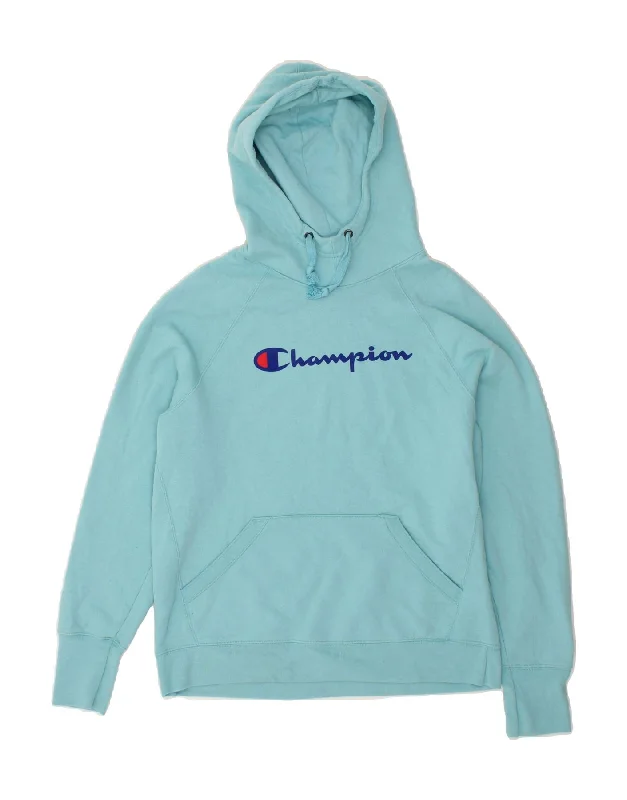 Discount Mania CHAMPION Womens Graphic Hoodie Jumper UK 14 Medium Blue Cotton