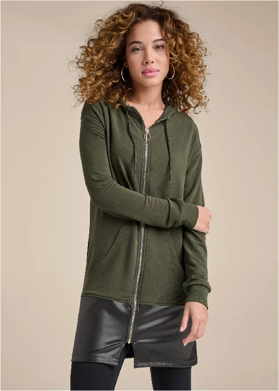 Incredible Offers Faux-Leather Tunic Jacket - Olive & Black