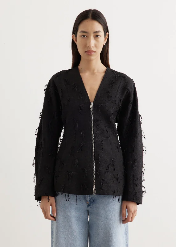 Savings Event Fringed Tweed Curve Sleeve Blazer